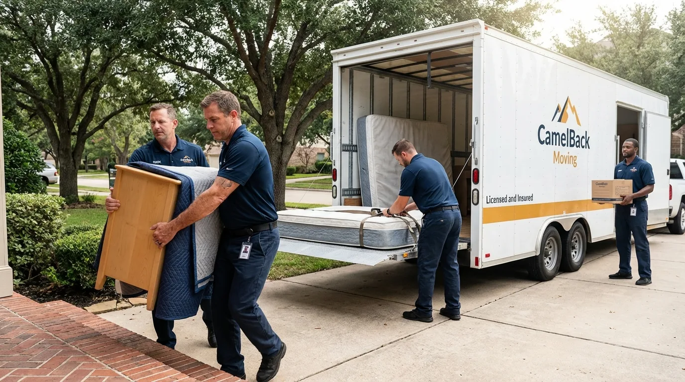 Crew loading residential truck for cross-state move from Voorheesville, NY