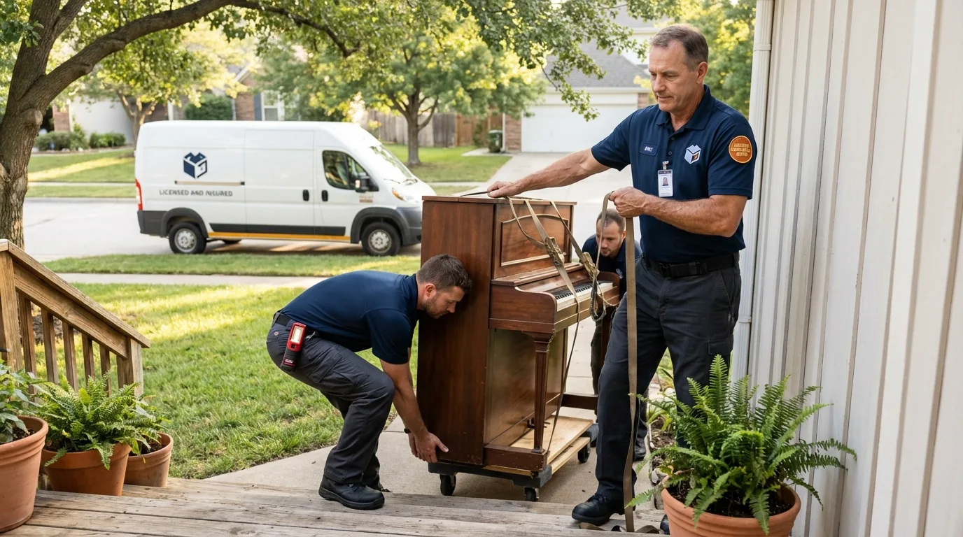 Licensed piano movers securing grand piano in Voorheesville, NY