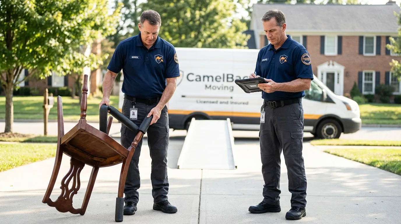 Movers inspecting furniture for damage prevention before loading in Voorheesville, NY